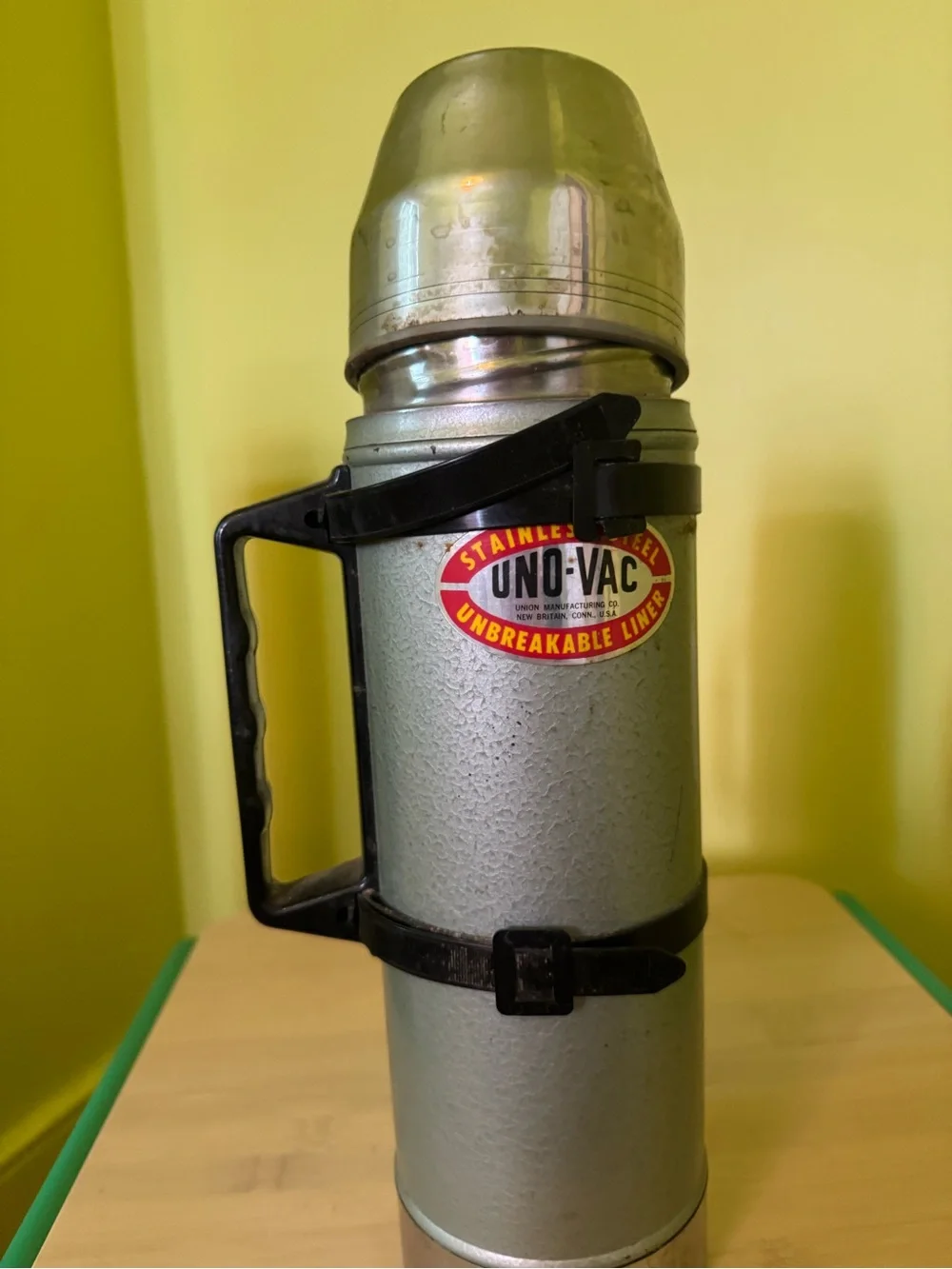Vintage Silver and green Stainless Steel Vacuum Bottle